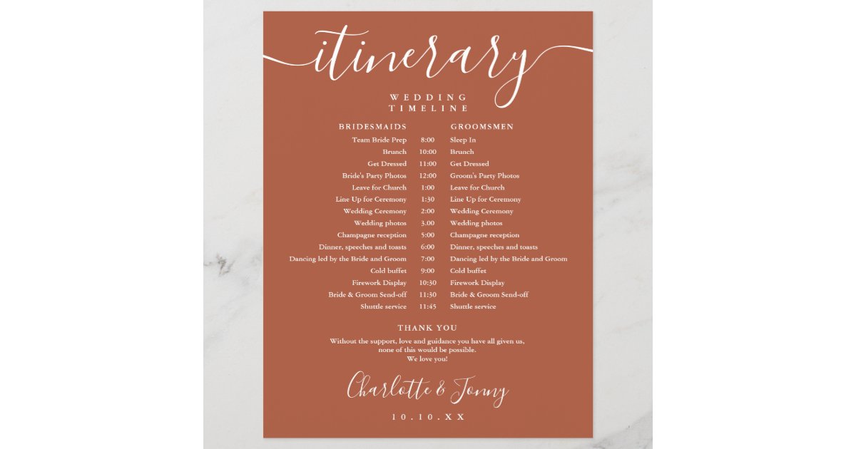 Terracotta Schedule Wedding Itinerary Timeline