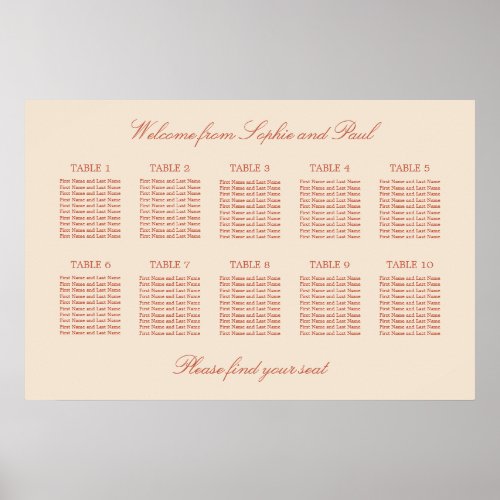 Terracotta Script 10 Table Seating Chart Poster