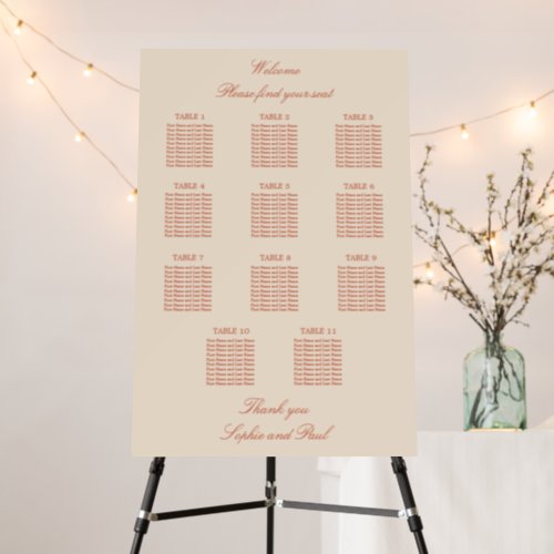 Terracotta Script 11 Table Wedding Seating Chart Foam Board