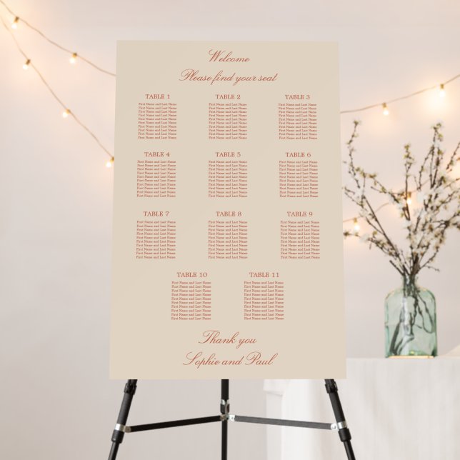 Terracotta Script 11 Table Wedding Seating Chart Foam Board (In Situ (Stand))