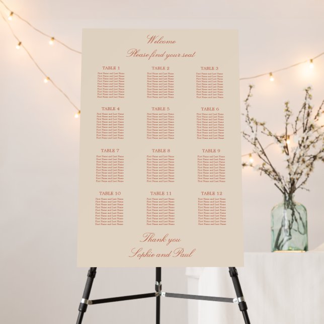 Terracotta Script 12 Table Wedding Seating Chart Foam Board (In Situ (Stand))