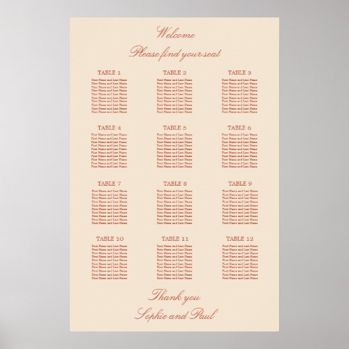 Terracotta Script 12 Table Wedding Seating Poster