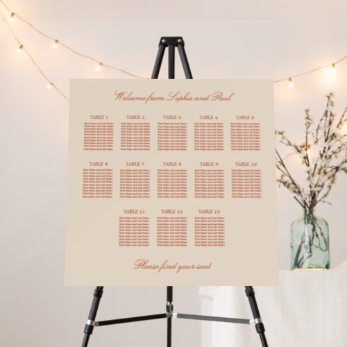 Terracotta Script 13 Table Wedding Seating Chart Foam Board