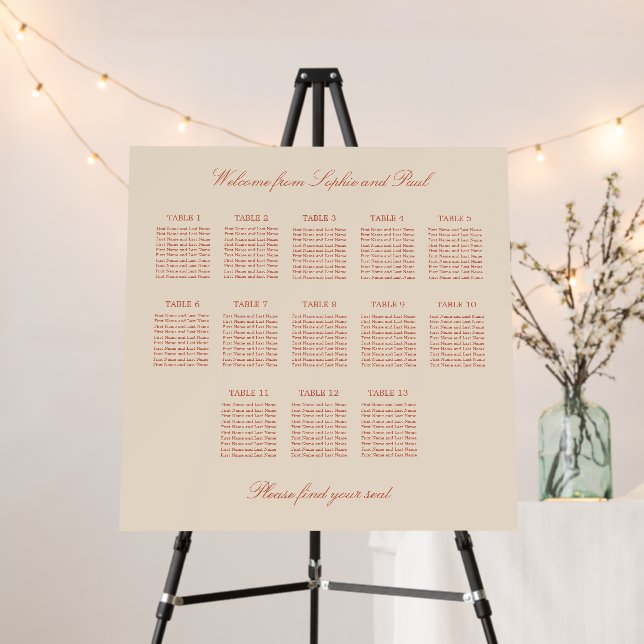 Terracotta Script 13 Table Wedding Seating Chart Foam Board (In Situ (Stand))
