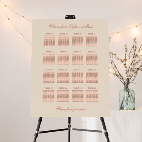 Terracotta Script 16 Table Wedding Seating Chart Foam Board