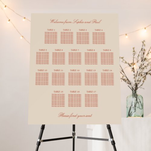 Terracotta Script 17 Table Wedding Seating Chart Foam Board