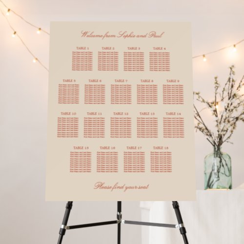 Terracotta Script 18 Table Wedding Seating Chart Foam Board