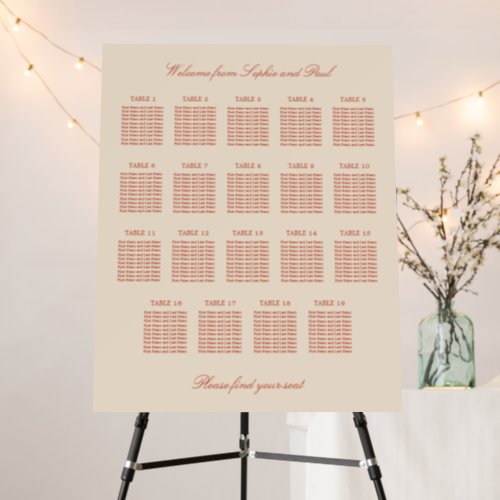 Terracotta Script 19 Table Wedding Seating Chart Foam Board