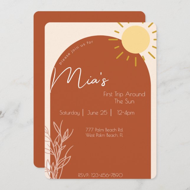 Terracotta Script 1st Trip Around the Sun Birthday Invitation (Front/Back)