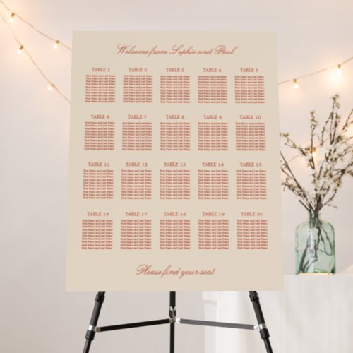 Terracotta Script 20 Table Wedding Seating Chart Foam Board