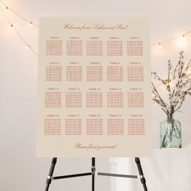 Terracotta Script 20 Table Wedding Seating Chart Foam Board (In Situ (Stand))