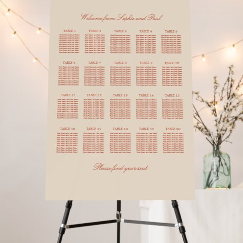 Terracotta Script 20 Table Wedding Seating Chart Foam Board