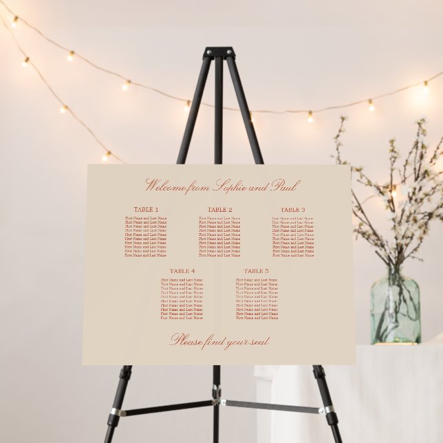 Terracotta Script 5 Table Seating Chart Foam Board (In Situ (Stand))