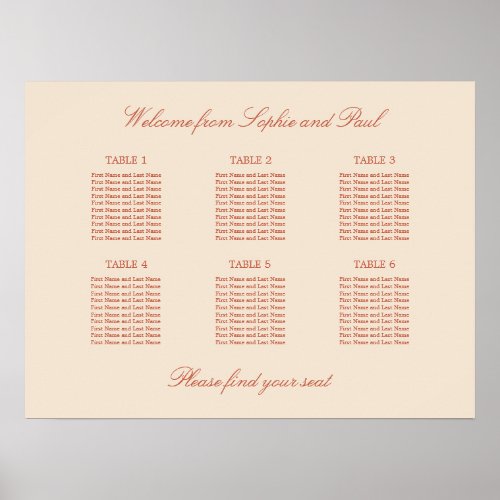 Terracotta Script 6 Table Wedding Seating Poster