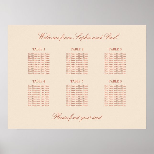 Terracotta Script 6 Table Wedding Seating Poster (Front)