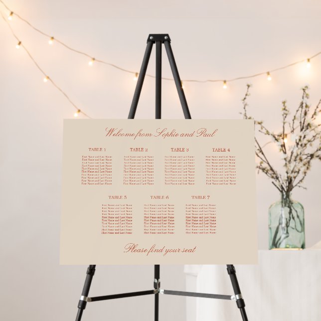 Terracotta Script 7 Table Wedding Seating Chart Foam Board (In Situ (Stand))