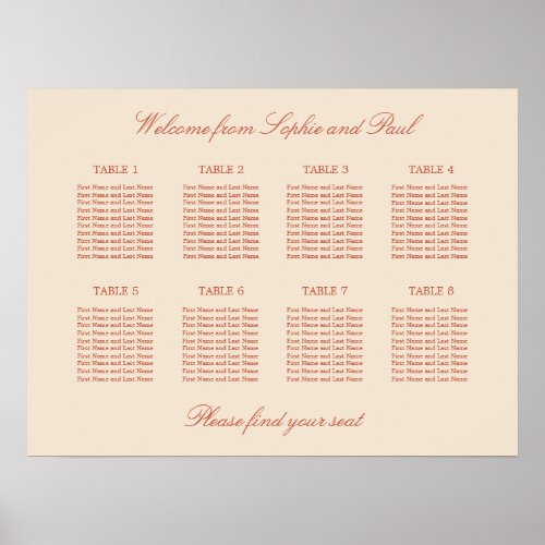 Terracotta Script 8 Table Wedding Seating Poster