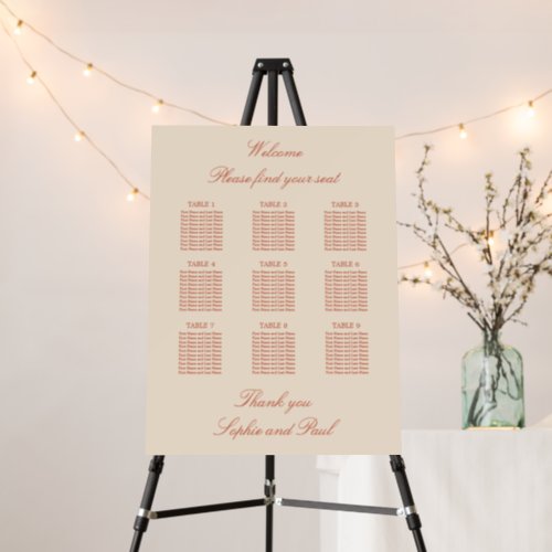Terracotta Script 9 Table Wedding Seating Chart Foam Board