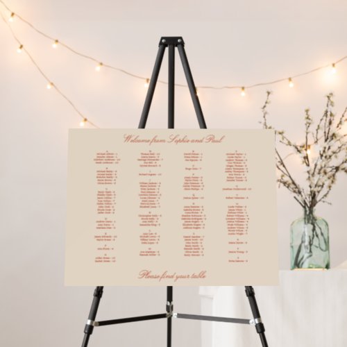 Terracotta Script Alphabetical Seating Chart Foam Board