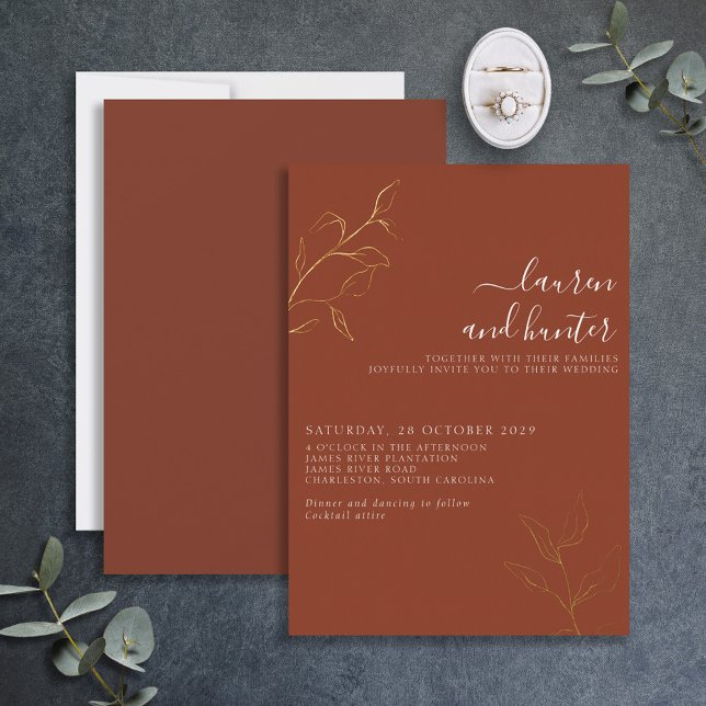 Terracotta Script Gold Botanical Wedding Foil Invi Invitation (Creator Uploaded)