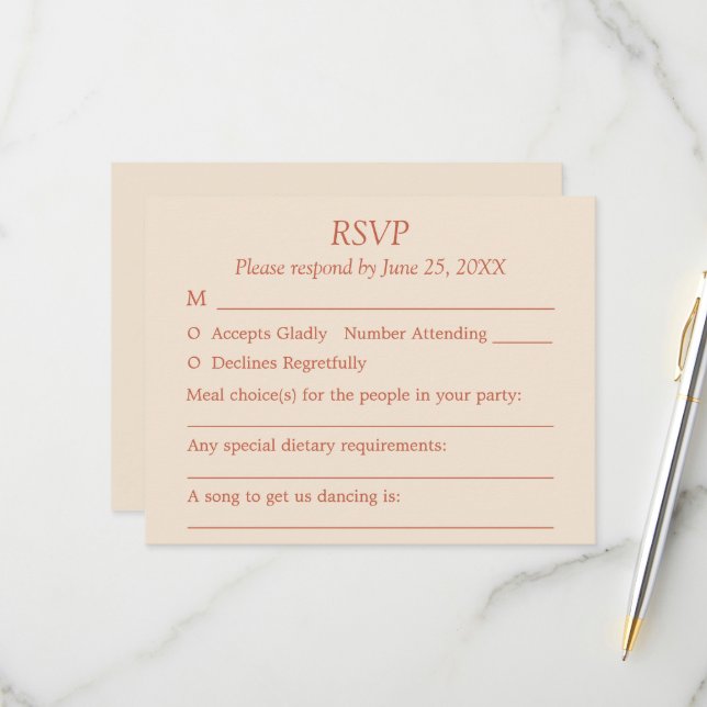 Terracotta Script Guest Choices Wedding RSVP Card (Front/Back In Situ)