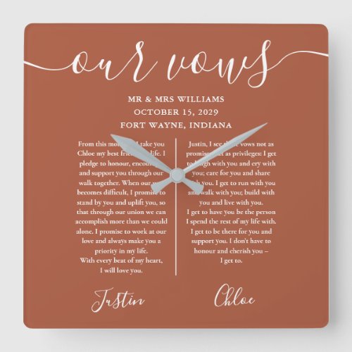 Terracotta Script His And Hers Wedding Vows Square Wall Clock