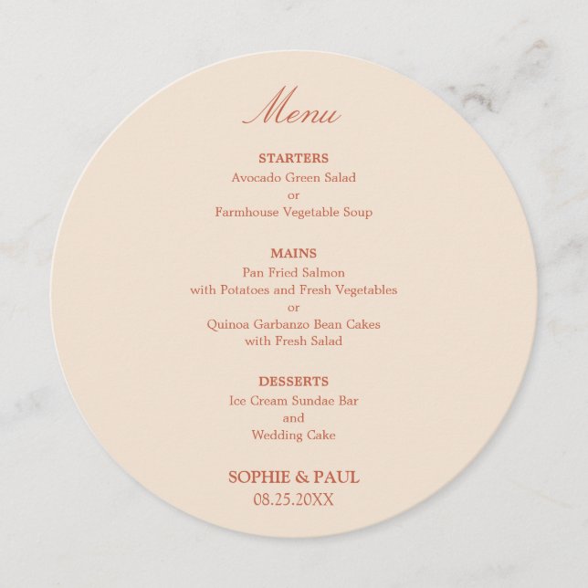 Terracotta Script Round Wedding Menu (Front)