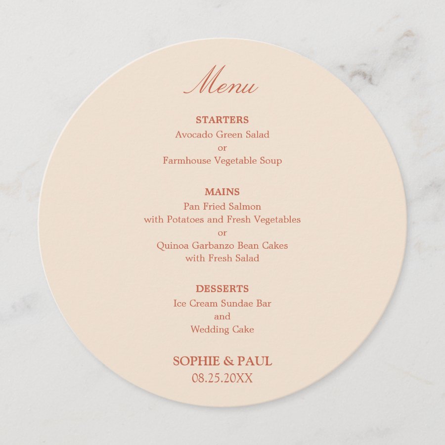 Terracotta Script Round Wedding Menu