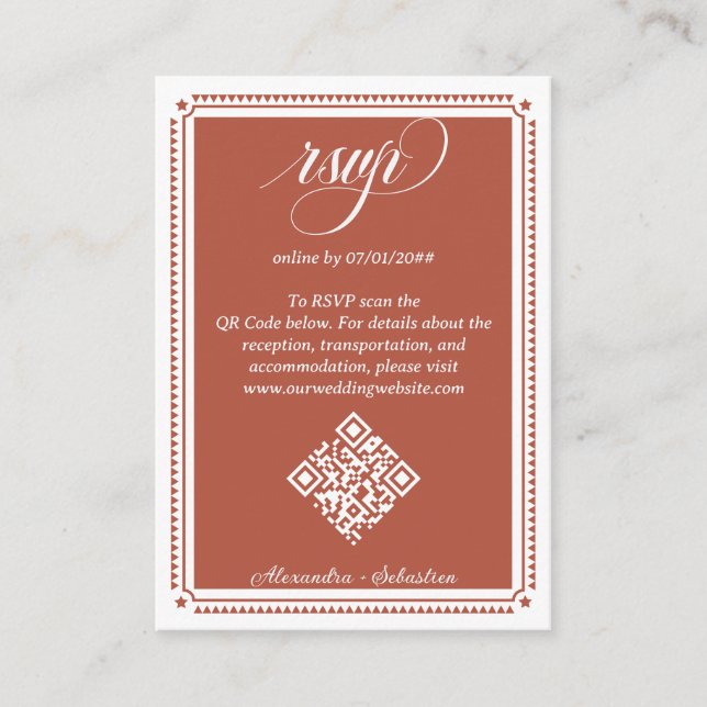 Terracotta Script RSVP Online QR Code Wedding Enclosure Card (Front)