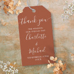 Terracotta Script Thank You Wedding Favour Gift Tags<br><div class="desc">Featuring signature style names,  this elegant terracotta tag can be personalised with your special thank you information in chic white lettering. Designed by Thisisnotme©</div>