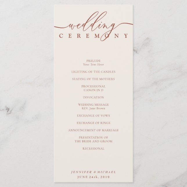 Terracotta Script Wedding Ceremony Plan Program (Front)