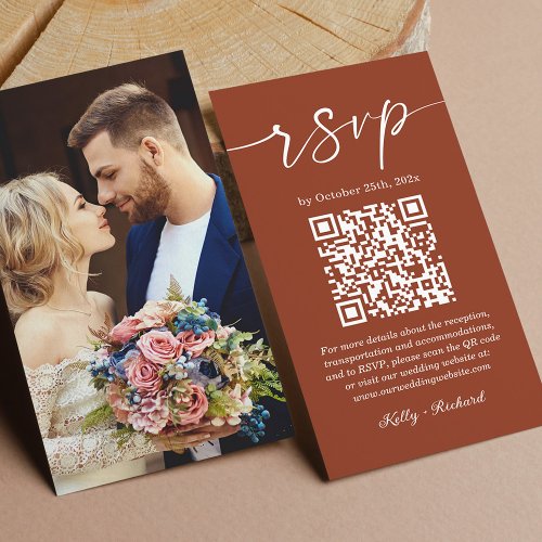 Terracotta Script Wedding Online RSVP QR Code Enclosure Card