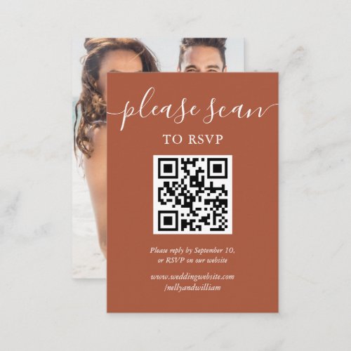Terracotta Script Wedding RSVP QR Code Photo Enclosure Card