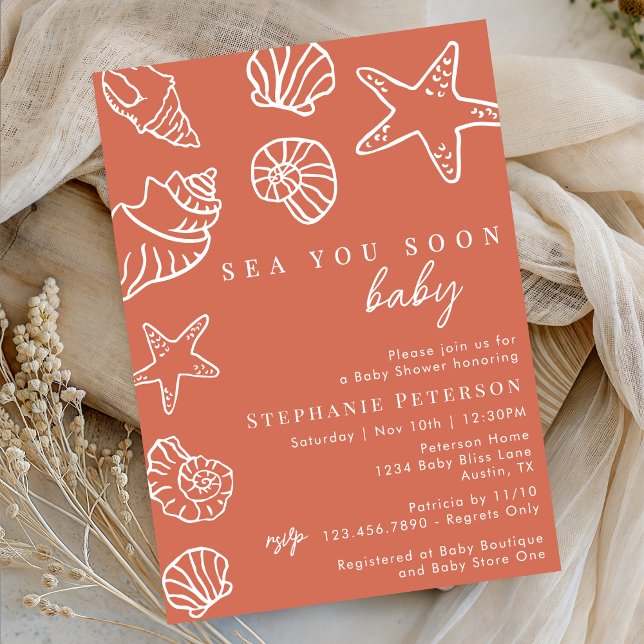 Terracotta Sea You Soon Coastal Beach Baby Shower Invitation (Creator Uploaded)
