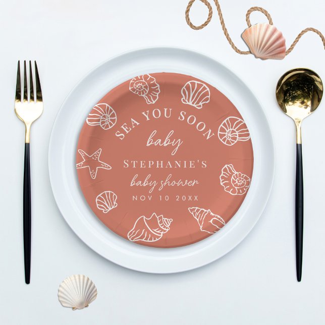Terracotta Sea You Soon Coastal Beach Baby Shower Paper Plates (Creator Uploaded)