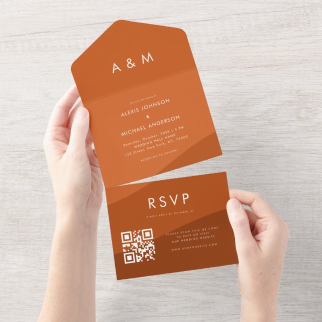 Terracotta Shades Boho Waves Qr Code Website Brown All In One Invitation (Tearaway)