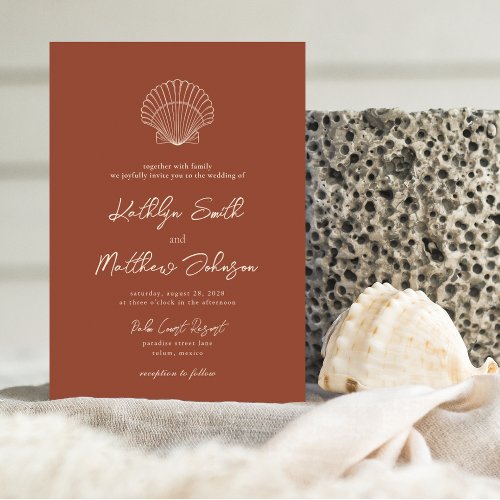 Terracotta Shell Beach Ocean Destination Wedding Invitation