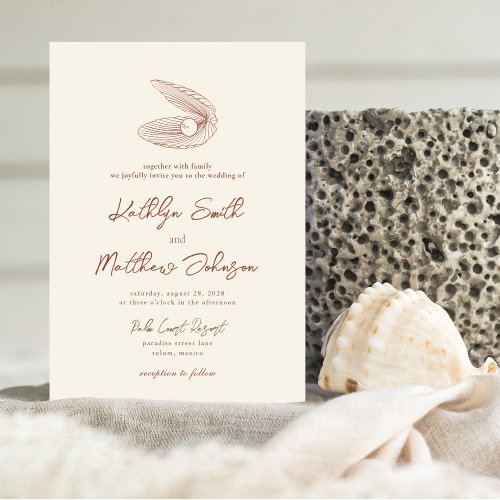 Terracotta Shell Beach Ocean Destination Wedding Invitation