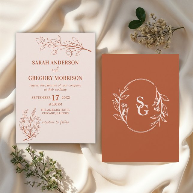 Terracotta Simple Boho Floral Bicolor  Wedding  Invitation (Creator Uploaded)