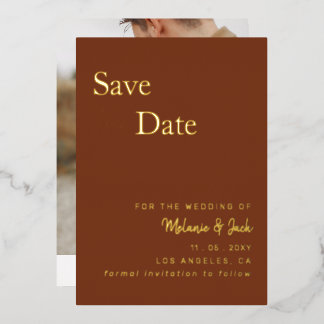 Terracotta Simple Calligraphy Photo Save The Date Foil Invitation