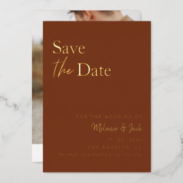 Terracotta Simple Calligraphy Photo Save The Date Foil Invitation