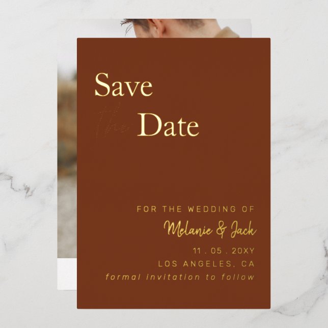 Terracotta Simple Calligraphy Photo Save The Date Foil Invitation (Front/Back)