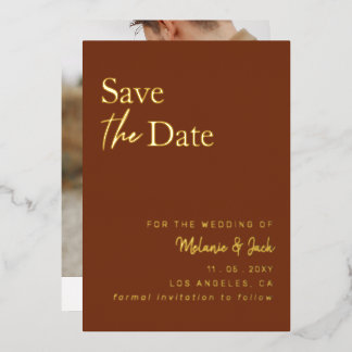 Terracotta Simple Calligraphy Photo Save The Date Foil Invitation