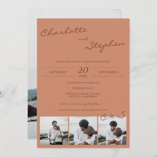 Terracotta simple casual initials 4 photos wedding invitation