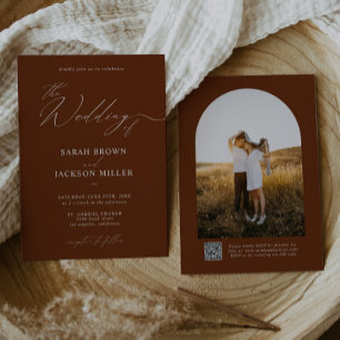 Terracotta Simple Elegant Script QR Code Wedding Invitation