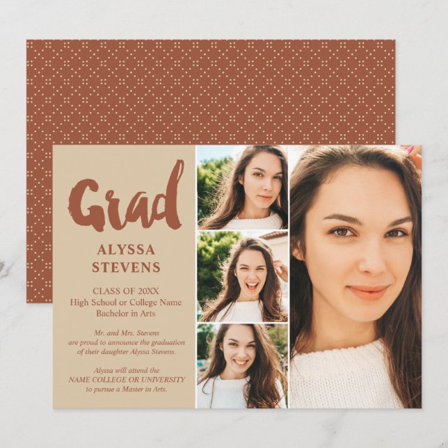 Terracotta simple Grad script 4 photos graduation Invitation (Front/Back)