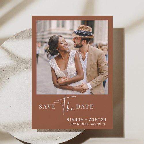 Terracotta Simple Modern Script Wedding Photo Save The Date