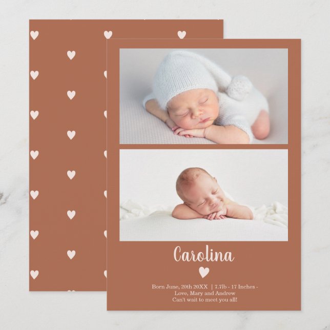 Terracotta simple script heart 2 photos baby birth announcement (Front/Back)