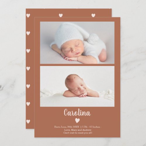 Terracotta simple script heart 2 photos baby birth announcement