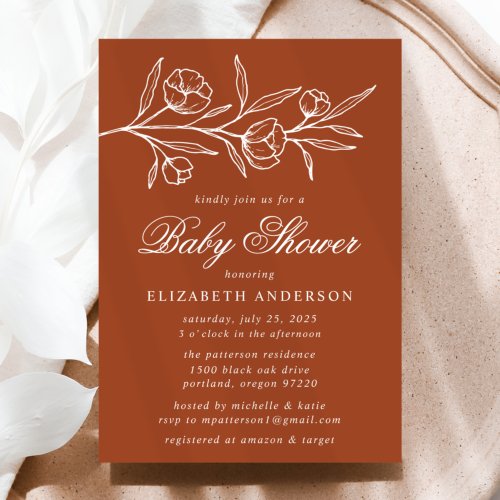 Terracotta Sketched Floral Baby Shower Invitation